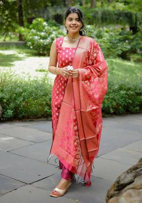 Pink Woven Jacquard Salwar Kameez With Dupatta