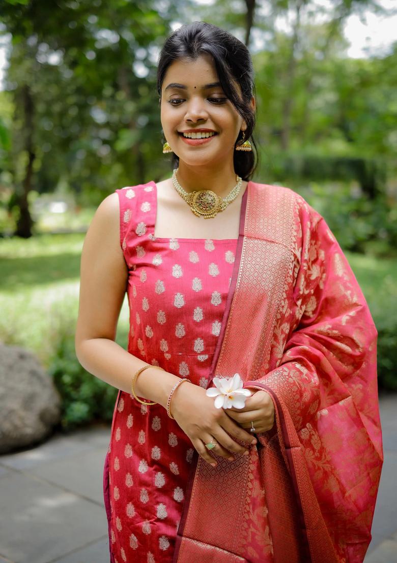 Pink Woven Jacquard Salwar Kameez With Dupatta