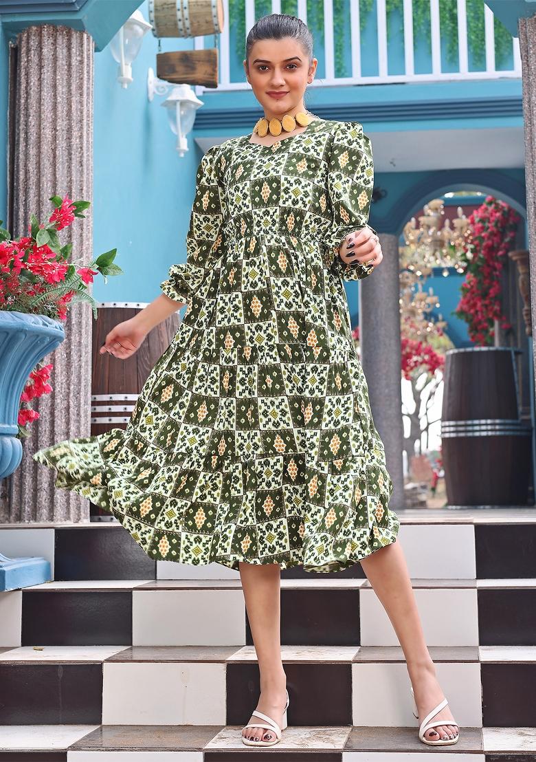 Green Printed Crepe Dress