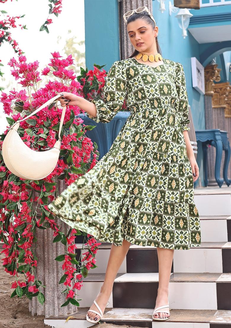 Green Printed Crepe Dress