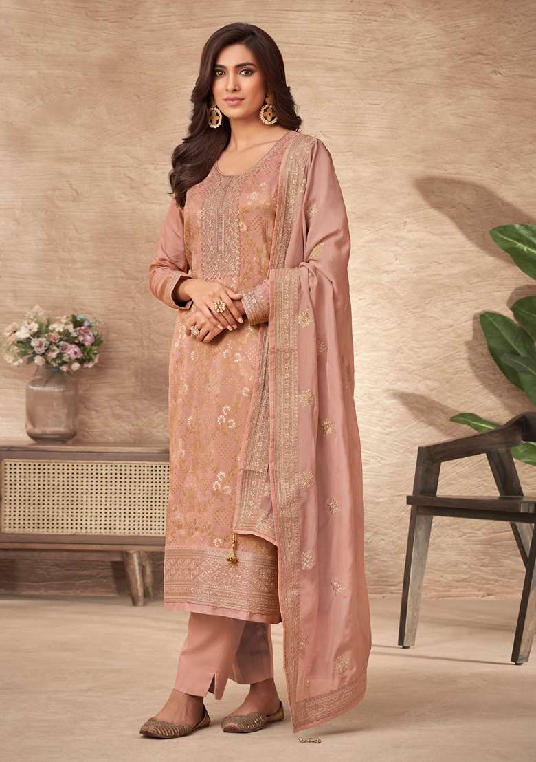 Peach Embroidered Jacquard Salwar Kameez With Dupatta - Indya