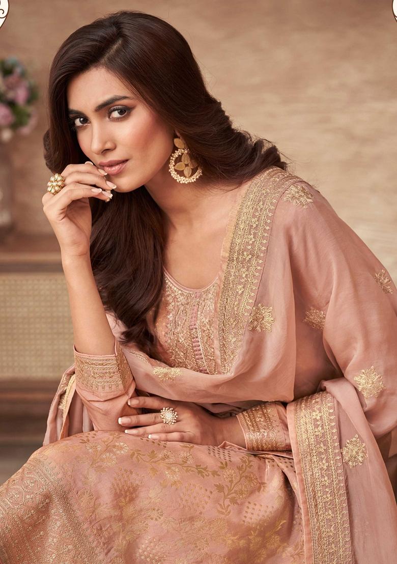 Peach Embroidered Jacquard Salwar Kameez With Dupatta