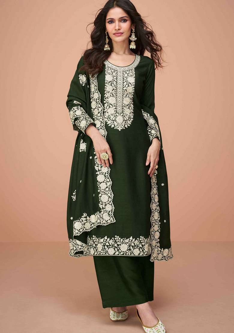 Green Embroidered Silk Salwar Kameez With Dupatta - Indya