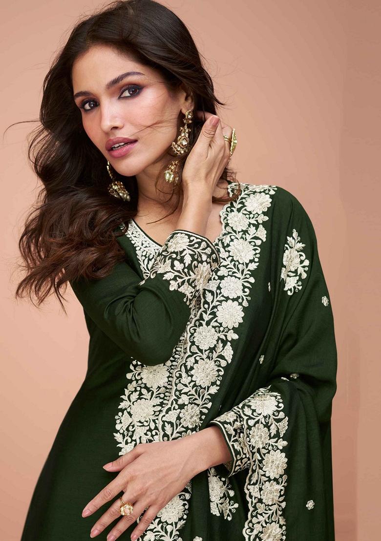 Green Embroidered Silk Salwar Kameez With Dupatta