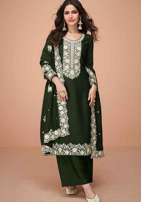 Green Embroidered Silk Salwar Kameez With Dupatta