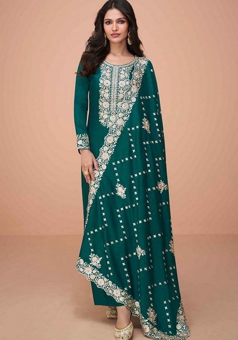 Teal Blue Embroidered Silk Salwar Kameez With Dupatta