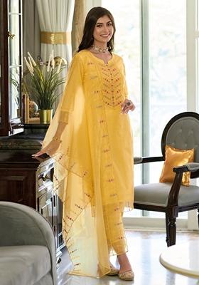 Mustard Yellow Embroidered Cotton Salwar Kameez With Dupatta