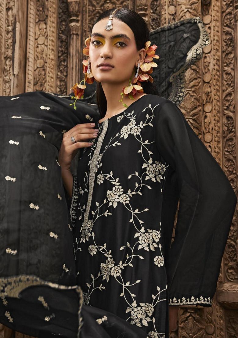 Black Embroidered Organza Silk Salwar Kameez With Dupatta
