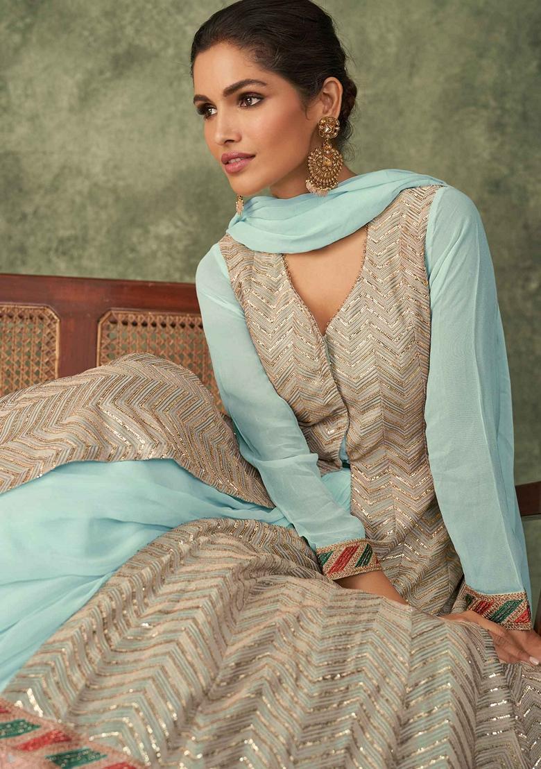 Multi Embroidered Georgette Anarkali Set With Dupatta