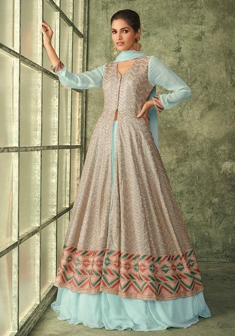 Multi Embroidered Georgette Anarkali Set With Dupatta