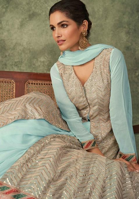 Multi Embroidered Georgette Anarkali Set With Dupatta