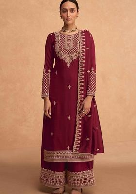 Maroon Embroidered Art Silk Palazzo Set With Dupatta
