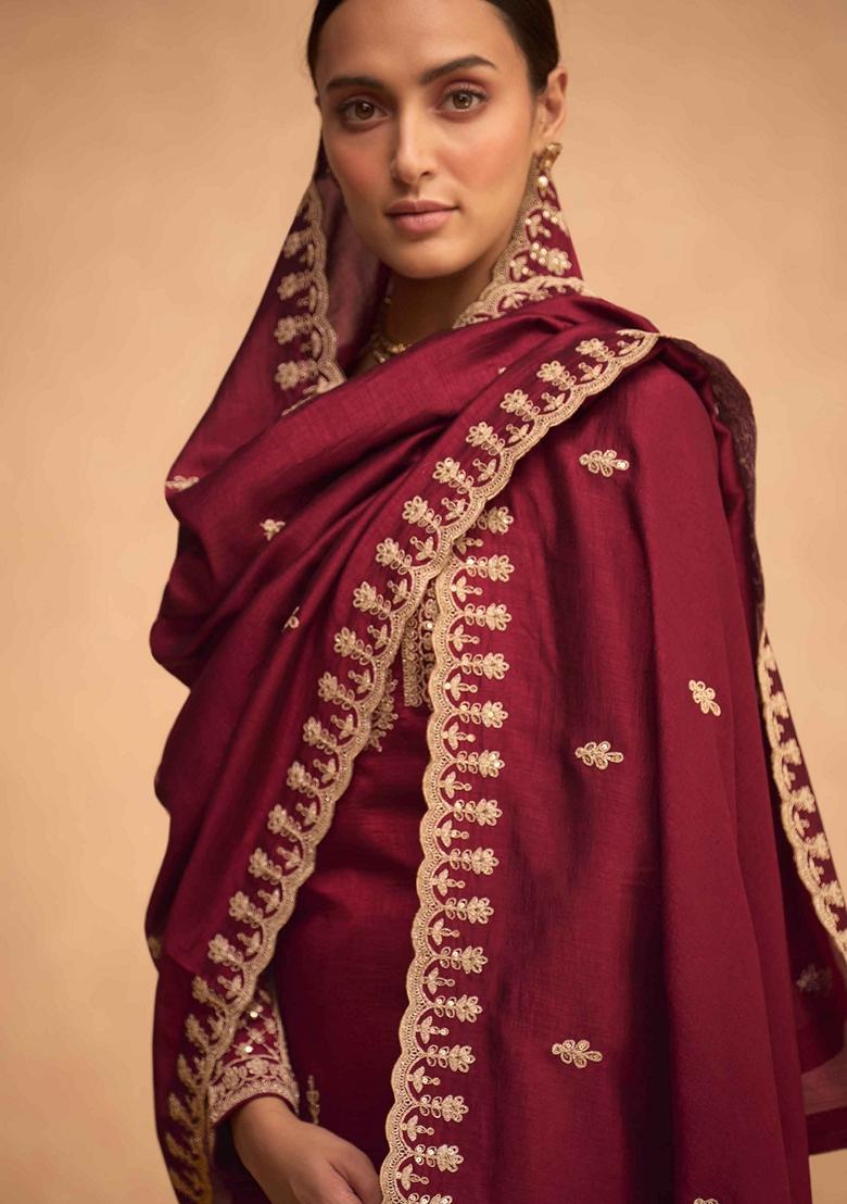 Maroon Embroidered Art Silk Palazzo Set With Dupatta