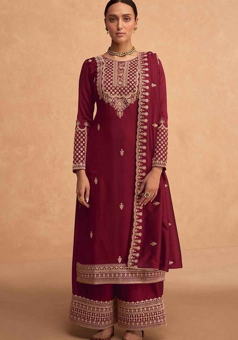 Maroon Embroidered Art Silk Palazzo Set With Dupatta