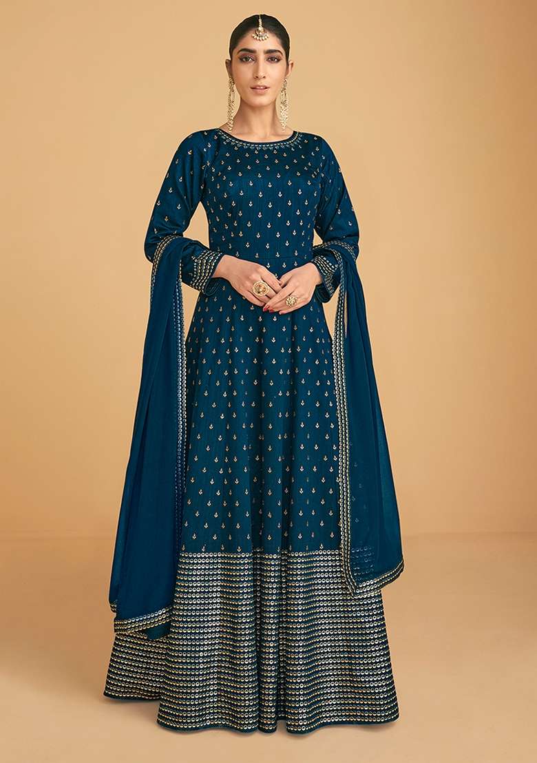 Teal Blue Embroidered Georgette Anarkali With Dupatta With Dupatta - Indya