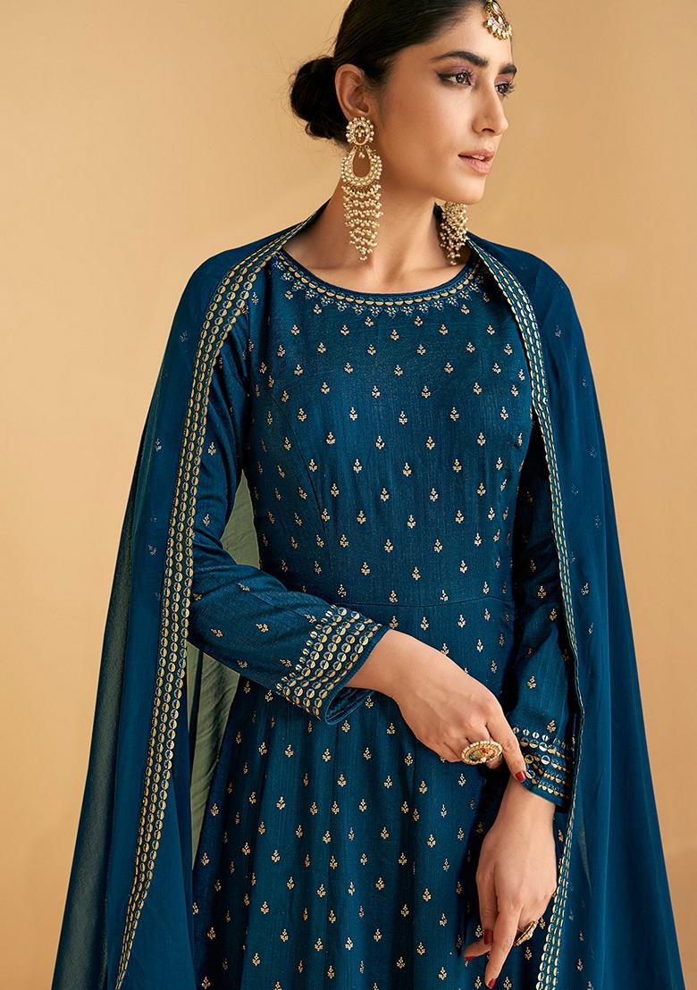 Teal Blue Embroidered Georgette Anarkali Set With Dupatta