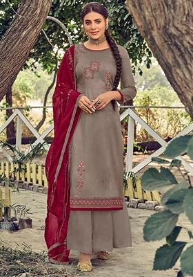 Grey Embroidered Cotton Palazzo Set With Dupatta