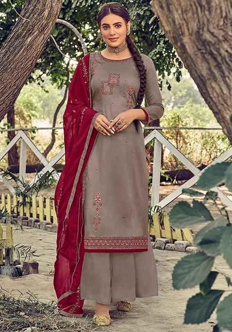Grey Embroidered Cotton Palazzo Set With Dupatta