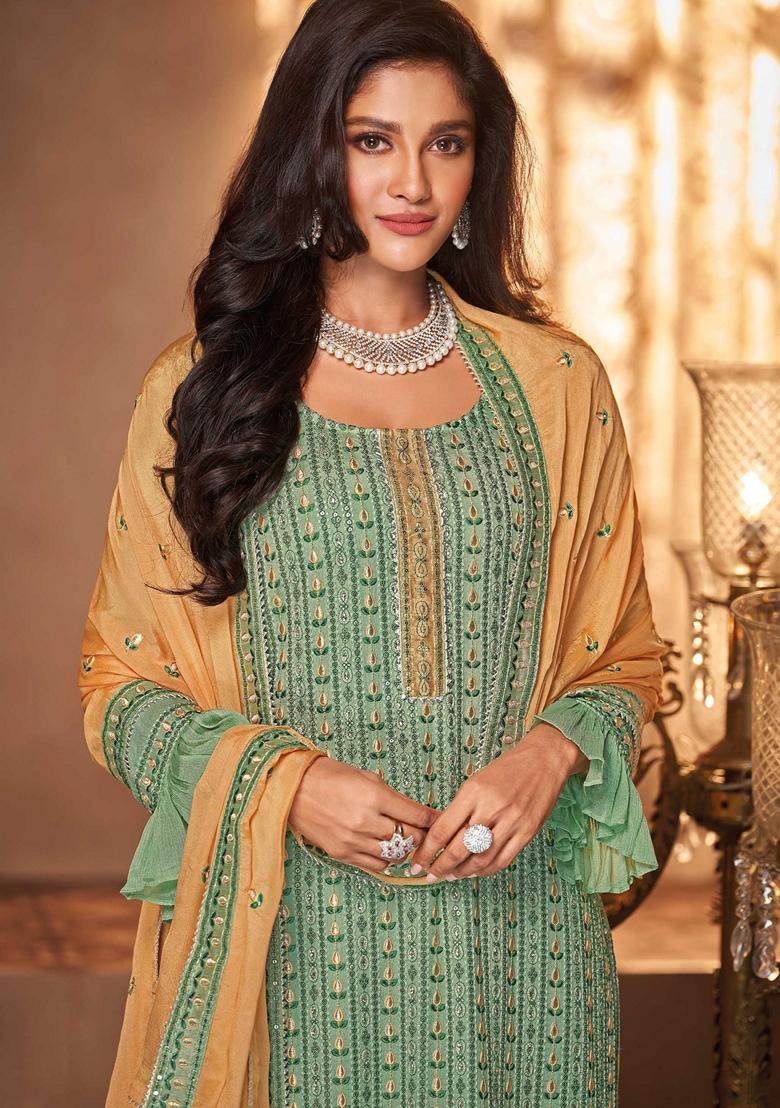 Green Embroidered Georgette Palazzo Set With Dupatta