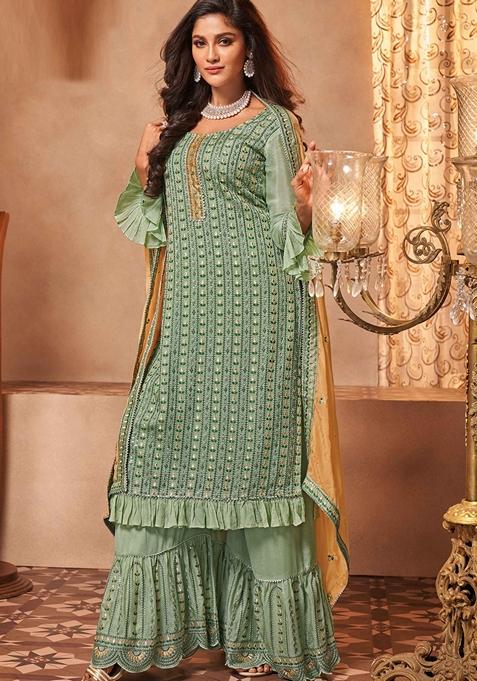 Green Embroidered Georgette Sharara Set — view on Indya