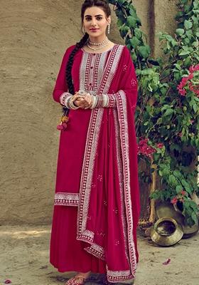 Pink Embroidered Georgette Palazzo Set With Dupatta