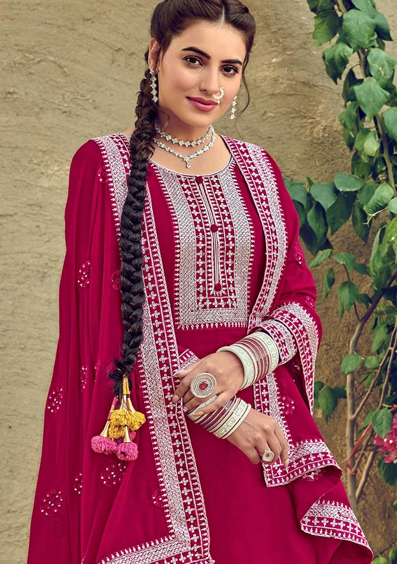 Pink Embroidered Georgette Palazzo Set With Dupatta