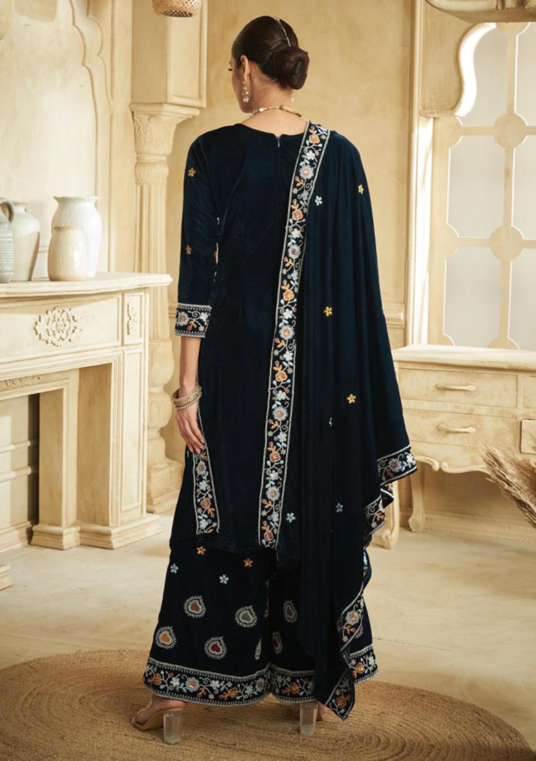 Neavy Blue Velvet Embroidered Salwar Kameez With Dupptta