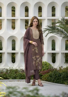 Brown Floral Print Tissue Salwar Kameez With Dupatta