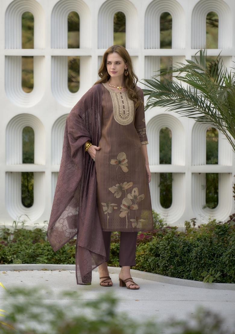 Brown Floral Print Tissue Salwar Kameez With Dupatta