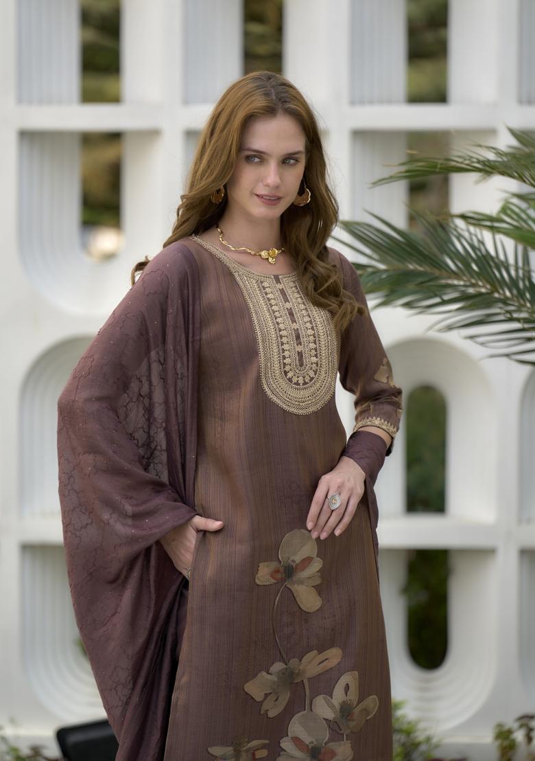 Brown Floral Print Tissue Salwar Kameez With Dupatta
