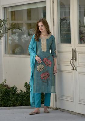 Rama Green Floral Print Tissue Salwar Kameez With Dupatta