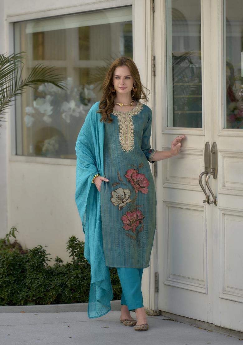 Rama Green Floral Print Tissue Salwar Kameez With Dupatta