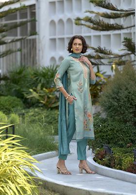 Sea Green Floral Print Tissue Salwar Kameez With Dupatta
