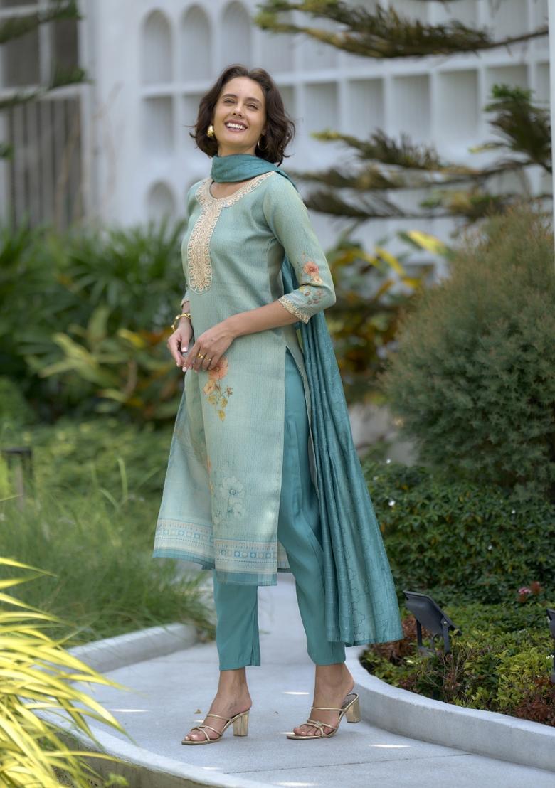 Sea Green Floral Print Tissue Salwar Kameez With Dupatta