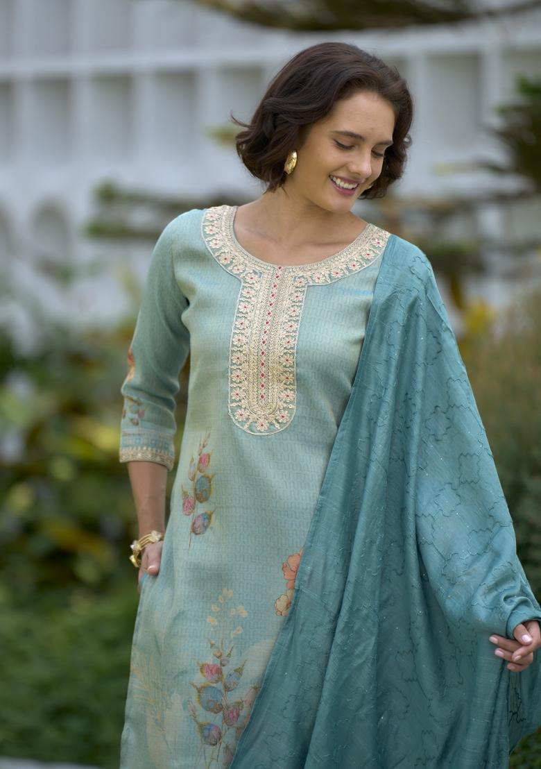 Sea Green Floral Print Tissue Salwar Kameez With Dupatta