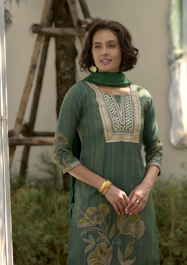 Green Floral Print Tissue Salwar Kameez With Dupatta