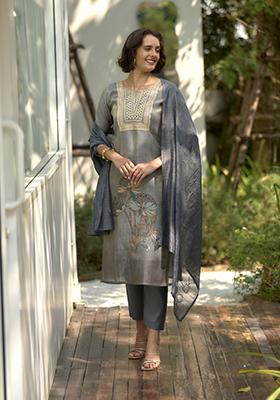 Grey Floral Print Tissue Salwar Kameez With Dupatta