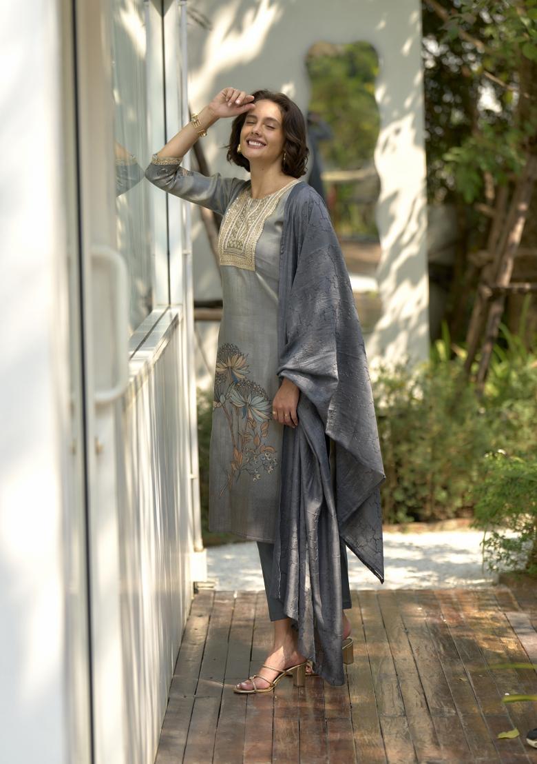 Grey Floral Print Tissue Salwar Kameez With Dupatta