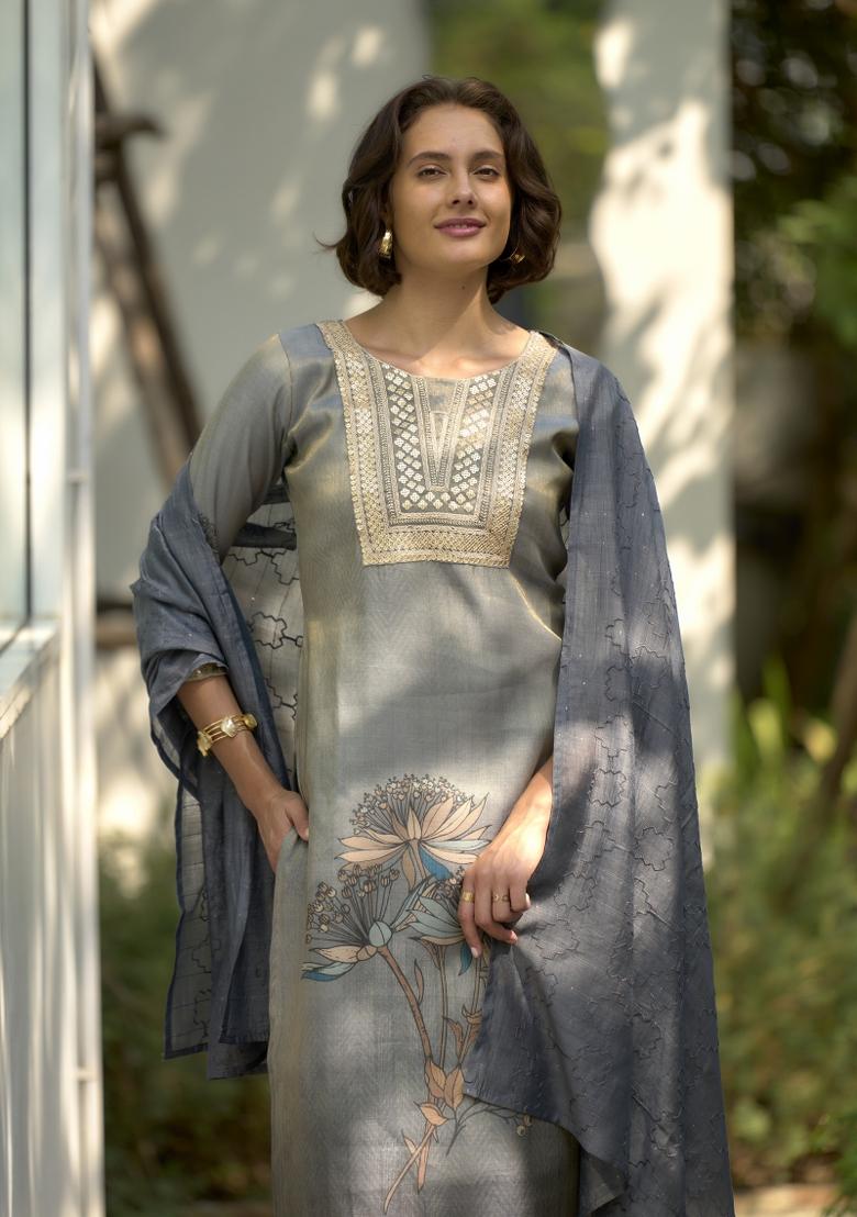 Grey Floral Print Tissue Salwar Kameez With Dupatta