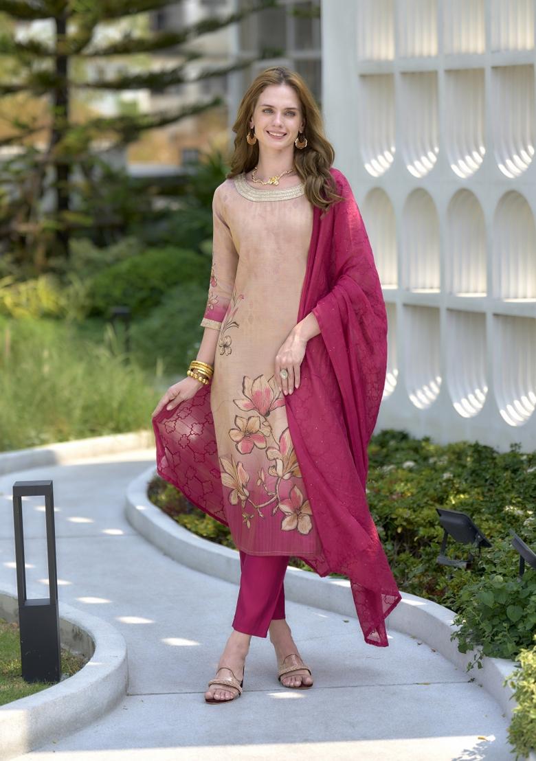 Cream Floral Print Tissue Salwar Kameez With Dupatta