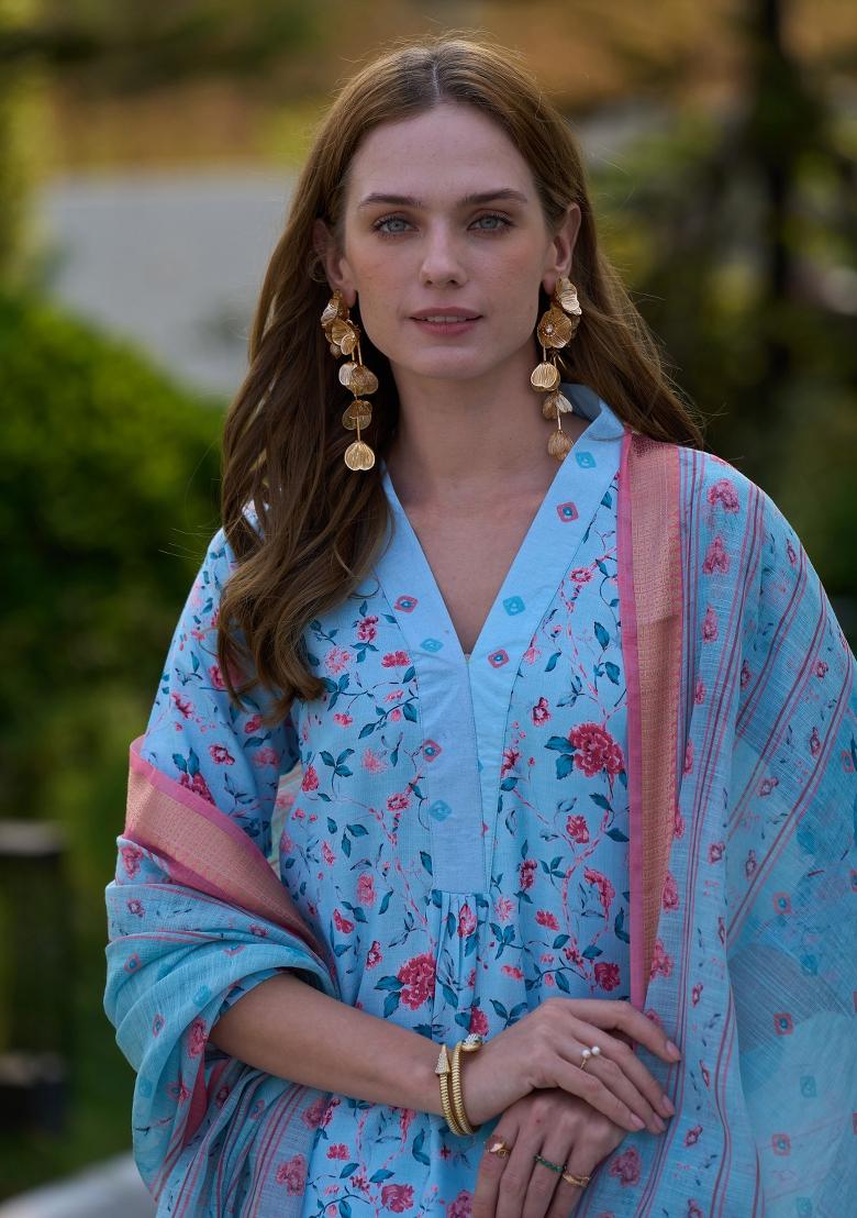 Cream Floral Print Silk Salwar Kameez With Dupatta