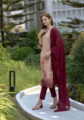 Peach Floral Print Tissue Salwar Kameez With Dupatta