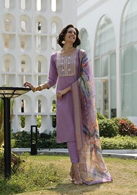 Lavender Embroidered Viscose Rayon Salwar Kameez With Dupatta