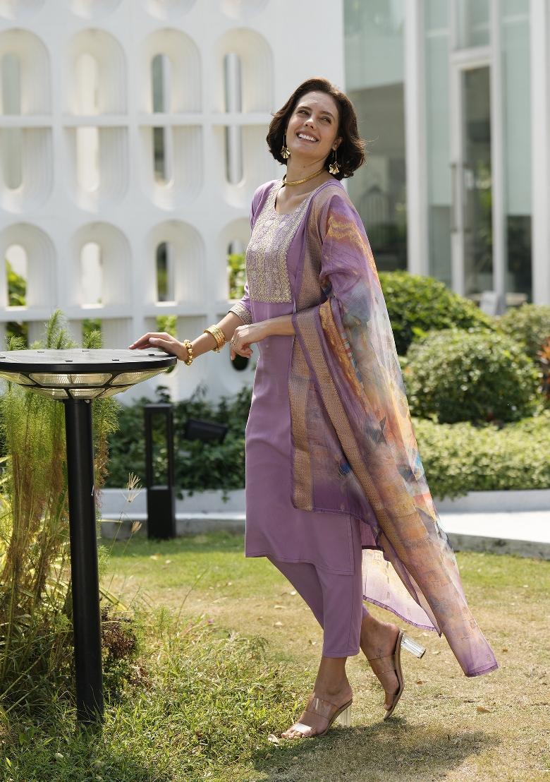 Lavender Embroidered Viscose Rayon Salwar Kameez With Dupatta