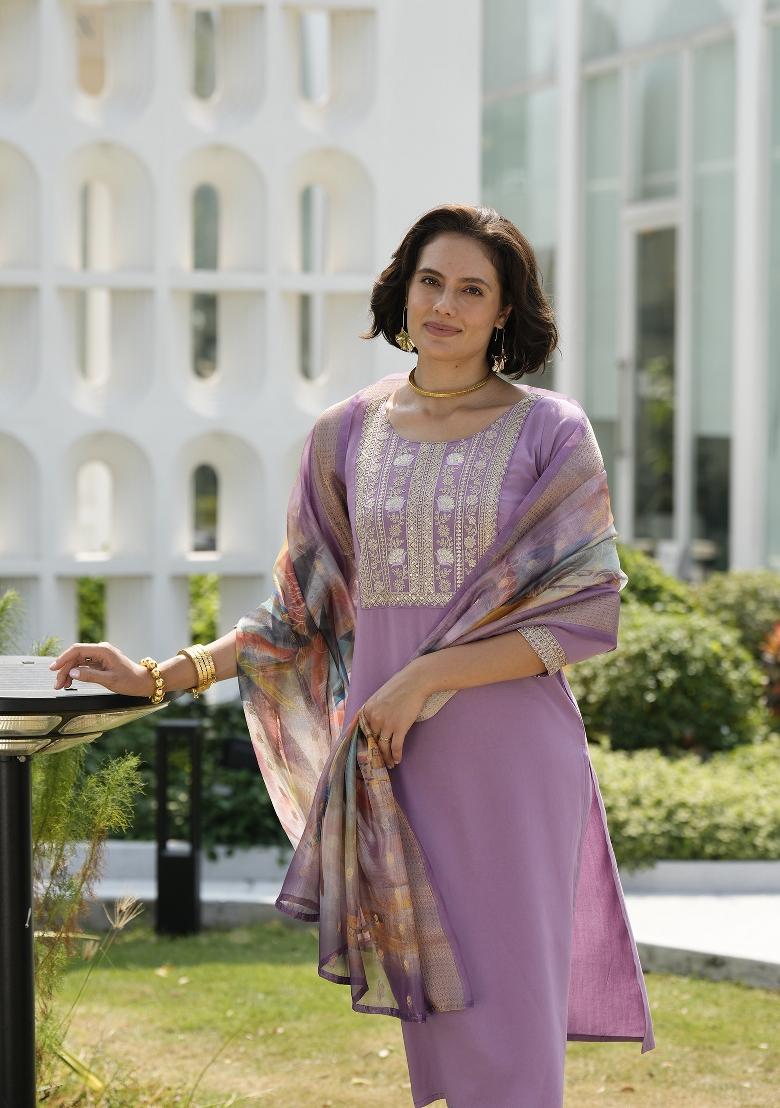 Lavender Embroidered Viscose Rayon Salwar Kameez With Dupatta