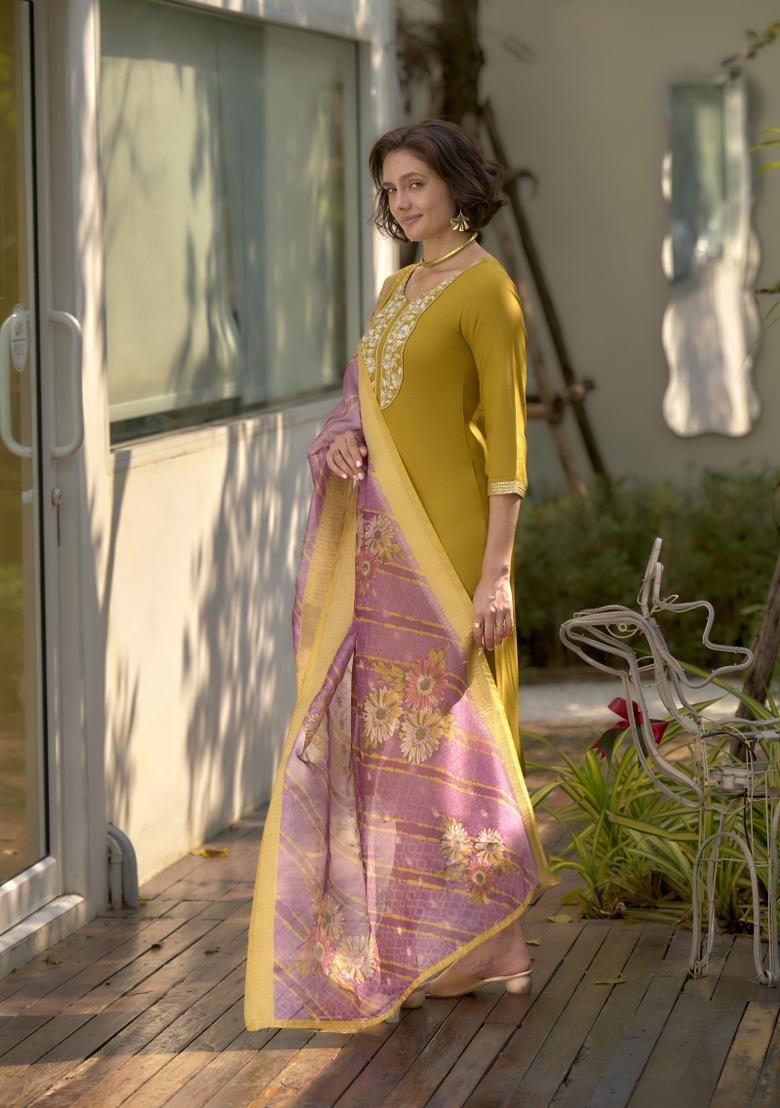Mustard Yellow Embroidered Viscose Rayon Salwar Kameez With Dupatta