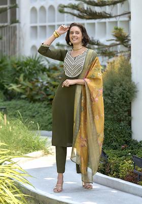 Mehendi Green Embroidered Viscose Rayon Salwar Kameez With Dupatta