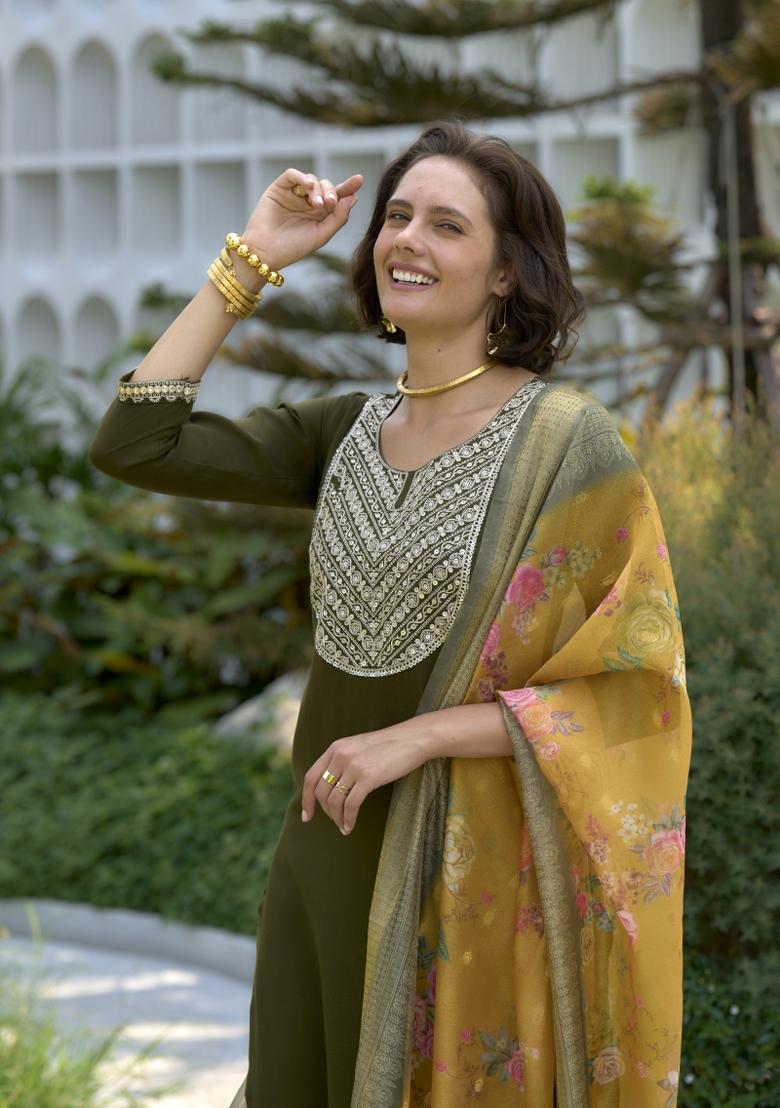 Mehendi Green Embroidered Viscose Rayon Salwar Kameez With Dupatta