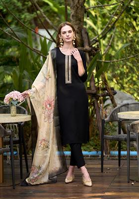 Black Embroidered Viscose Rayon Salwar Kameez With Dupatta