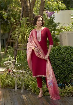 Red Embroidered Roman Salwar Kameez With Dupatta